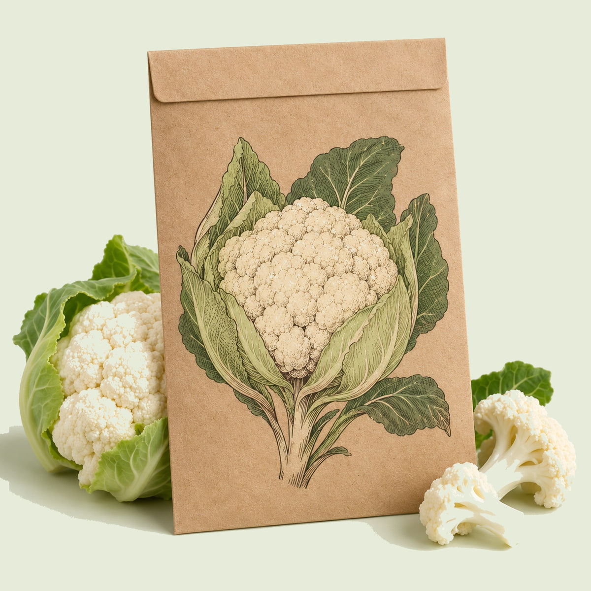 Kraft seed packet illustrated with Twister Cauliflower, with fresh Twister Cauliflower beside it