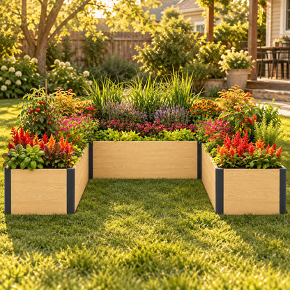 U-Shaped Woodgrain Raised Bed, 96 x 96 x 16 Inches in use in a home garden
