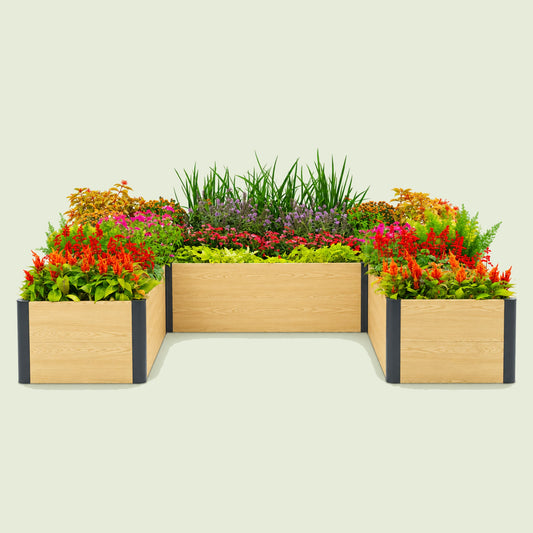 U-Shaped Woodgrain Raised Bed, 96 x 96 x 16 Inches on a soft green background