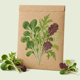 Kraft seed packet illustrated with Umami Asian Microgreens Blend, with fresh Umami Asian Microgreens Blend beside it