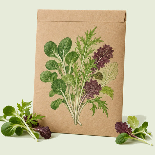 Kraft seed packet illustrated with Umami Asian Microgreens Blend, with fresh Umami Asian Microgreens Blend beside it