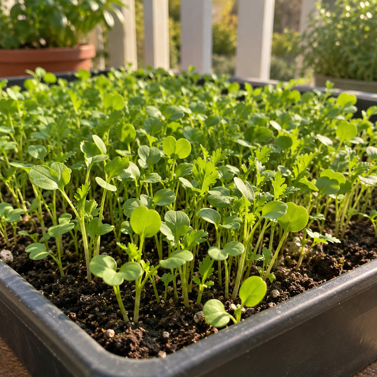 Upland Cress Spicy Microgreens Seeds growing in a home garden