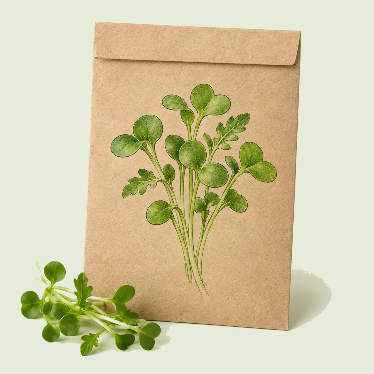 Kraft seed packet illustrated with Upland Cress Spicy Microgreens, with fresh Upland Cress Spicy Microgreens beside it