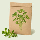 Kraft seed packet illustrated with Upland Cress Spicy Microgreens, with fresh Upland Cress Spicy Microgreens beside it