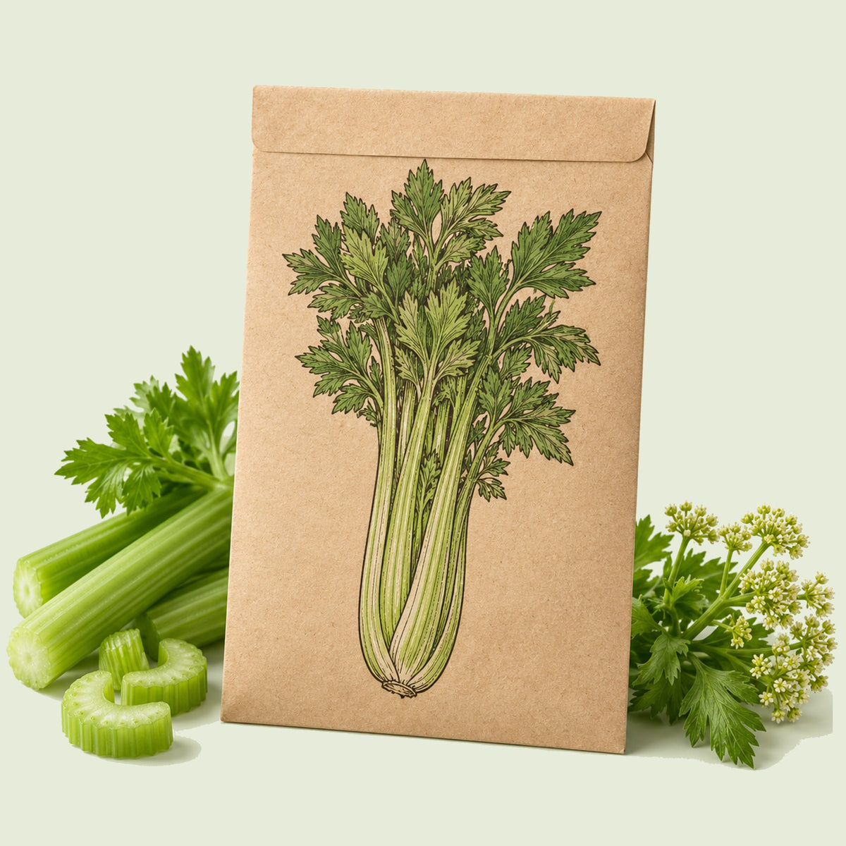 Kraft seed packet illustrated with Utah Garden Celery, with fresh Utah Garden Celery beside it