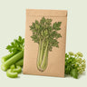 Kraft seed packet illustrated with Utah Garden Celery, with fresh Utah Garden Celery beside it