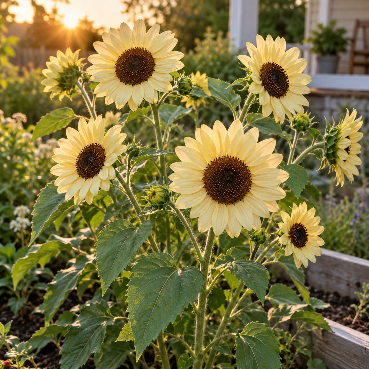 Vanilla Ice Pale Yellow Sunflower Seeds growing in a home garden