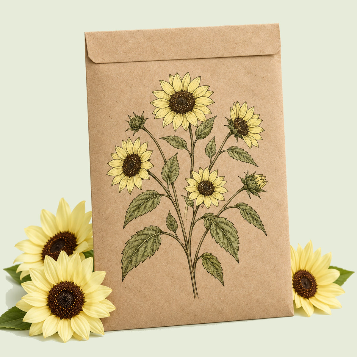 Kraft seed packet illustrated with Vanilla Ice Pale Yellow Sunflower, with fresh Vanilla Ice Pale Yellow Sunflower beside it