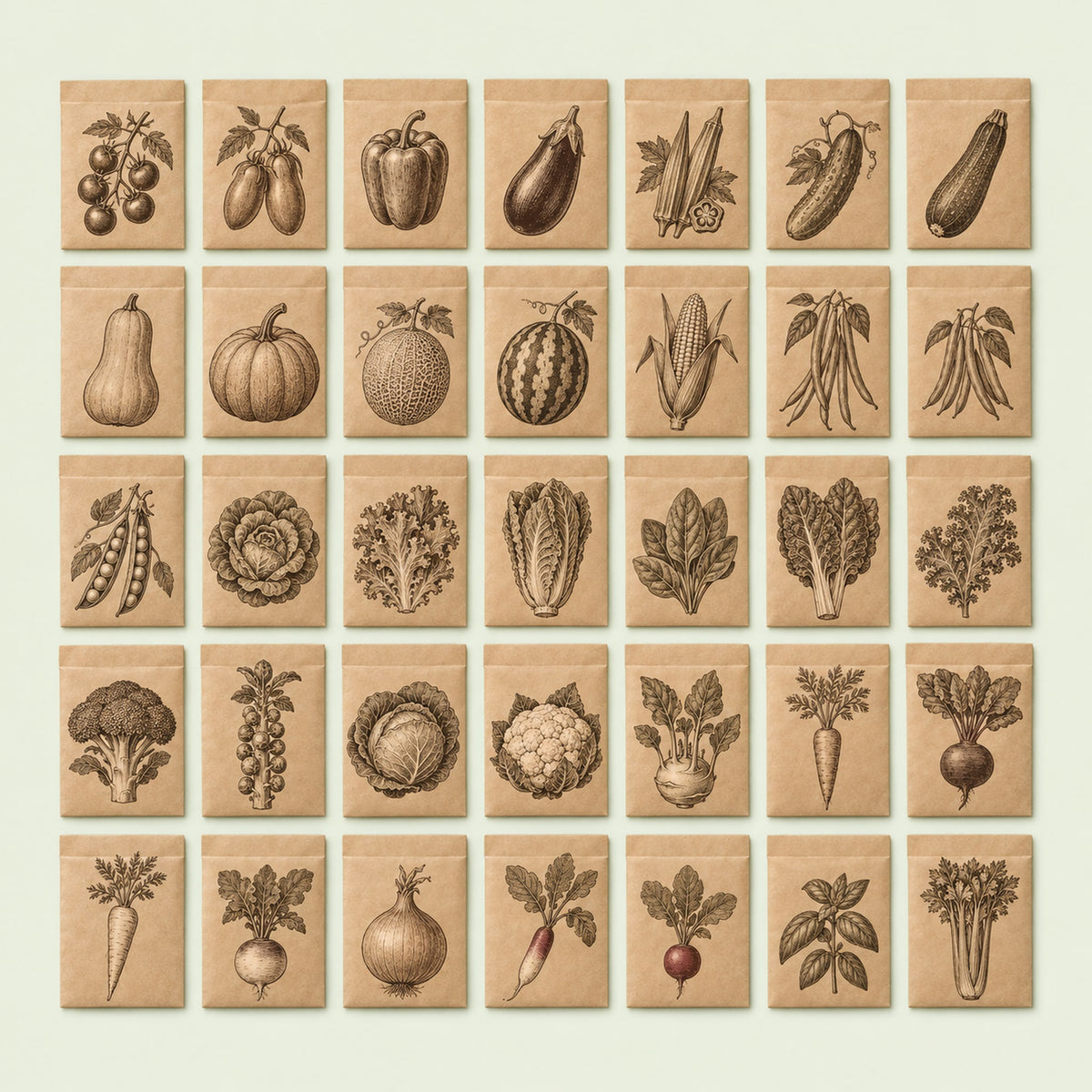 Vegetable Seed Kit, 35 Varieties: all 35 seed packets laid out