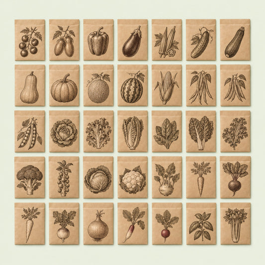 Vegetable Seed Kit, 35 Varieties: all 35 seed packets laid out