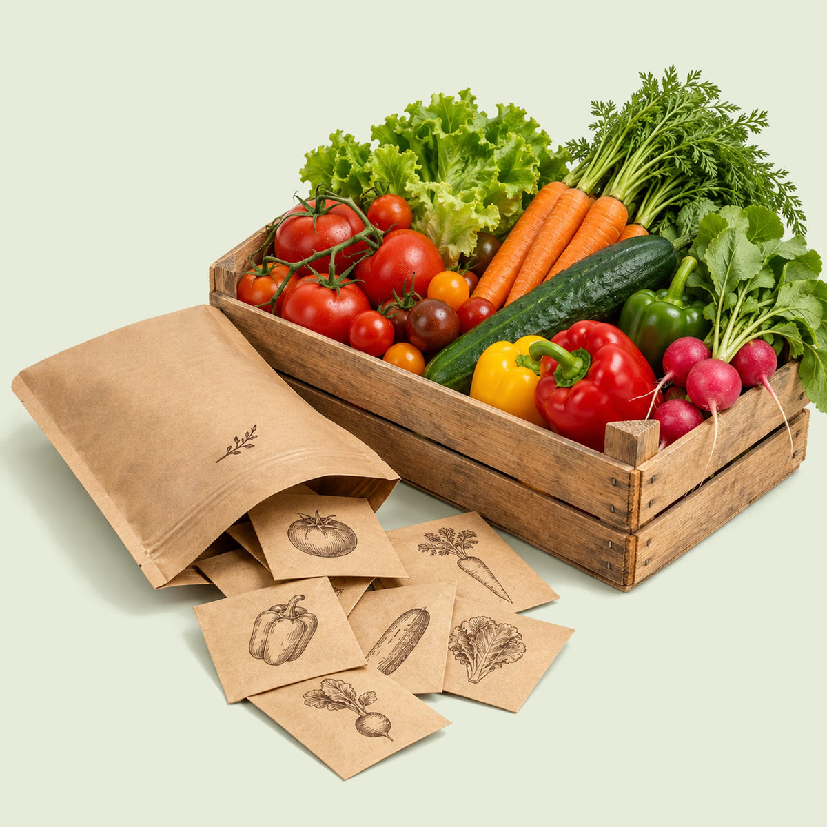 Vegetable Seed Kit, 35 Varieties: open pouch beside a crate of harvested vegetables