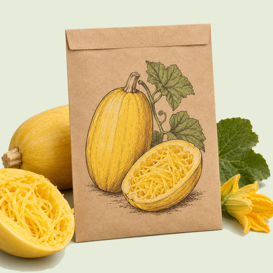 Kraft seed packet illustrated with Vegetable Spaghetti Squash, with fresh Vegetable Spaghetti Squash beside it