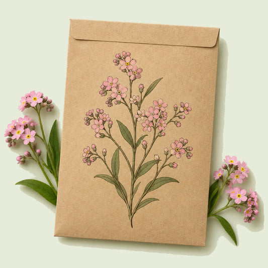 Kraft seed packet illustrated with Victoria Pink Forget Me Not, with fresh Victoria Pink Forget Me Not beside it