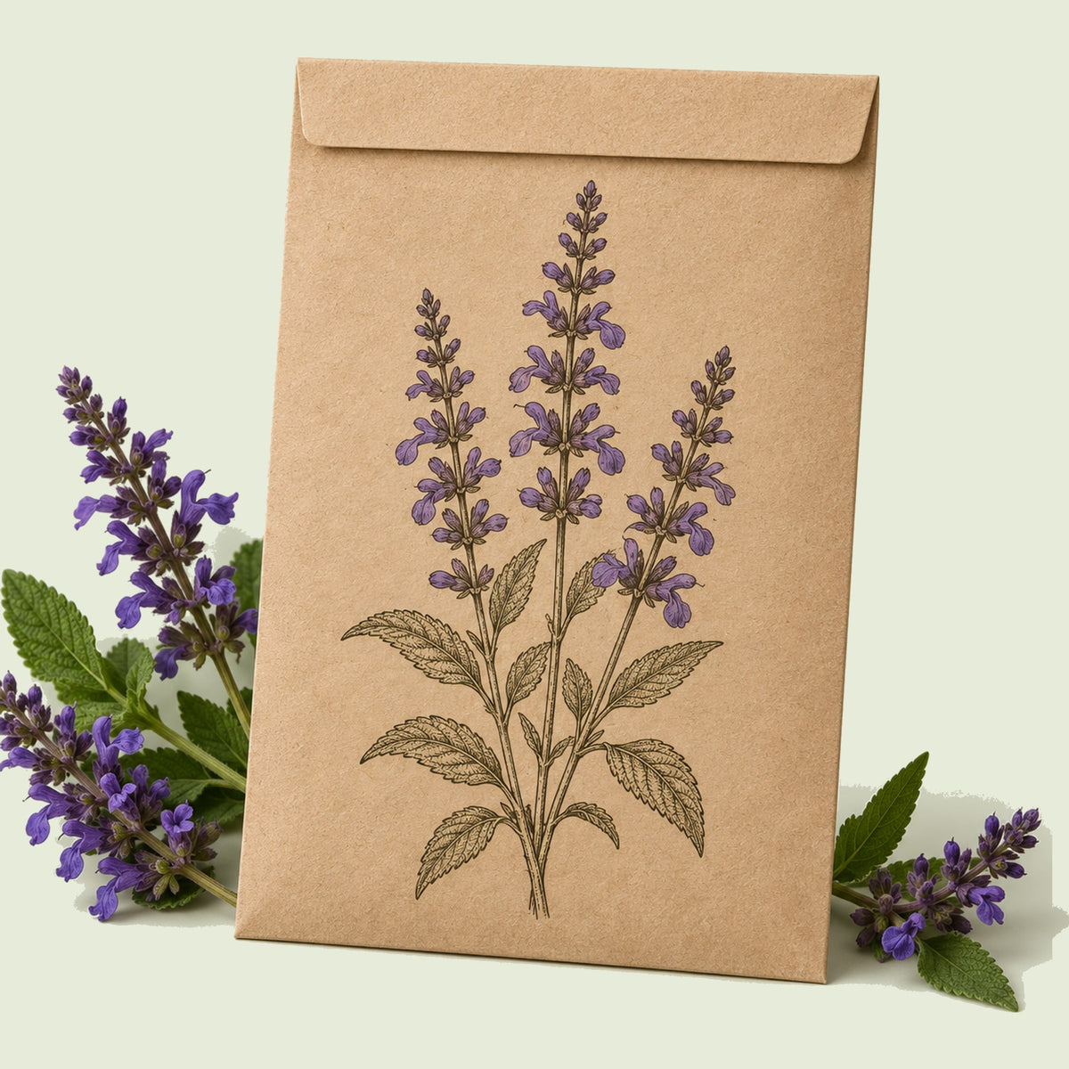 Kraft seed packet illustrated with Violet Queen Salvia Flower, with fresh Violet Queen Salvia Flower beside it