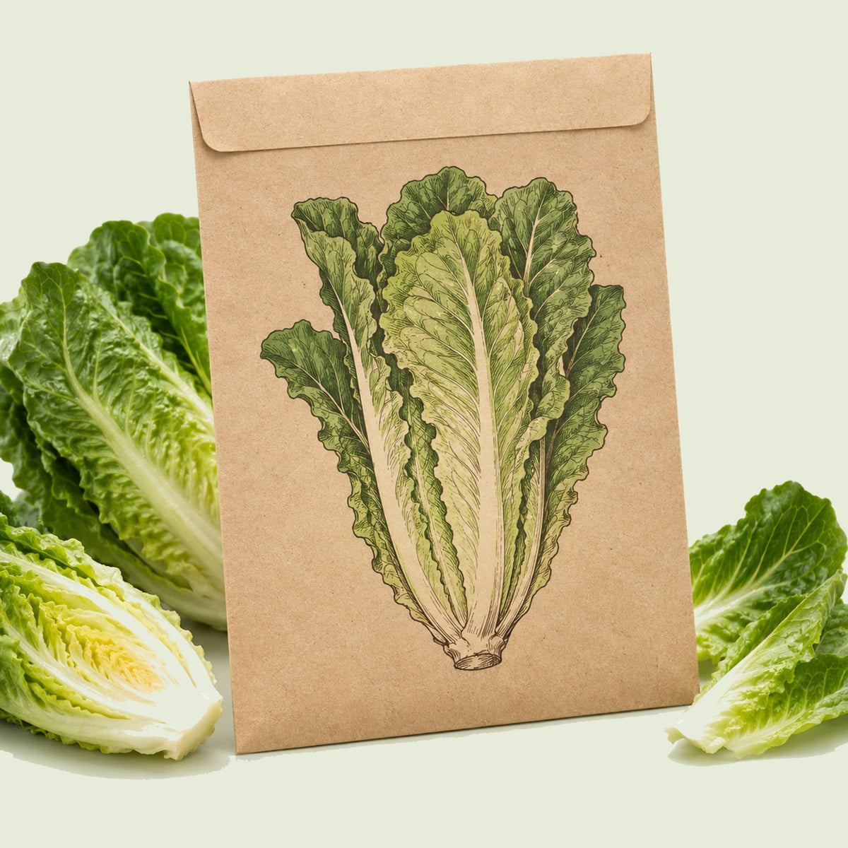 Kraft seed packet illustrated with Vivian Crisp Romaine Lettuce, with fresh Vivian Crisp Romaine Lettuce beside it