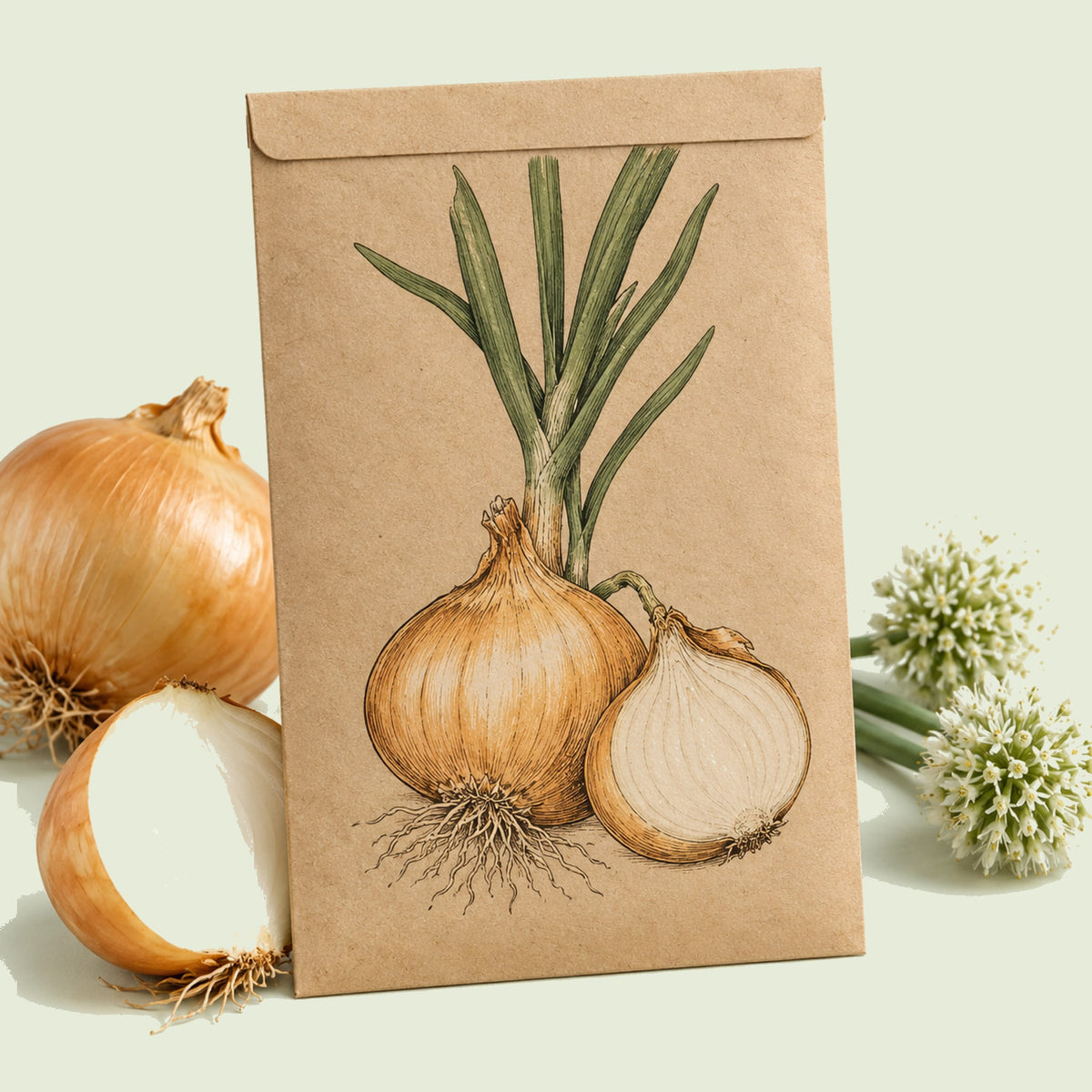 Kraft seed packet illustrated with Walla Walla Sweet Onion, with fresh Walla Walla Sweet Onion beside it