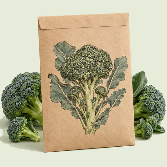 Kraft seed packet illustrated with Waltham 29 Cold Hardy Broccoli, with fresh Waltham 29 Cold Hardy Broccoli beside it