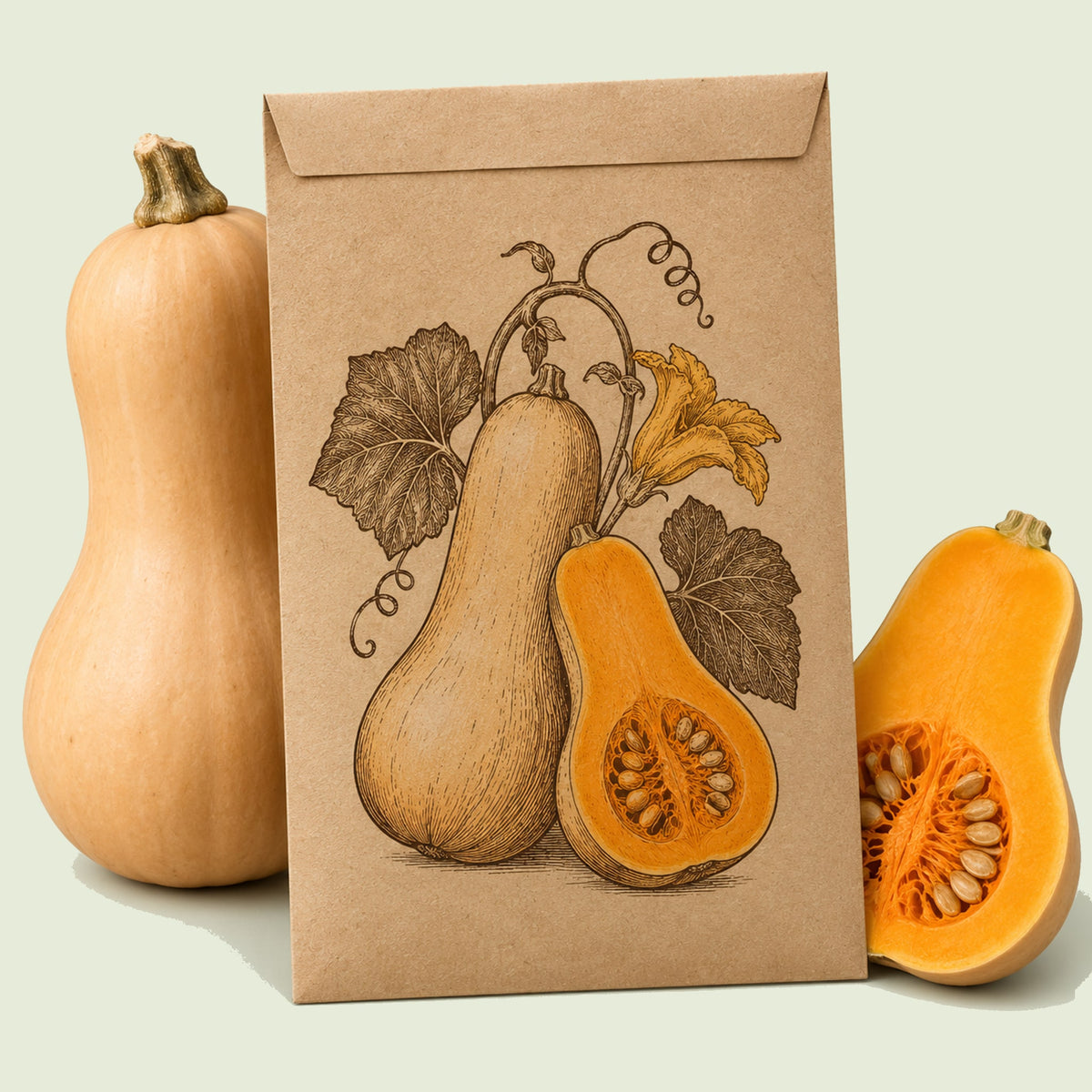 Kraft seed packet illustrated with Waltham Butternut Squash, with fresh Waltham Butternut Squash beside it