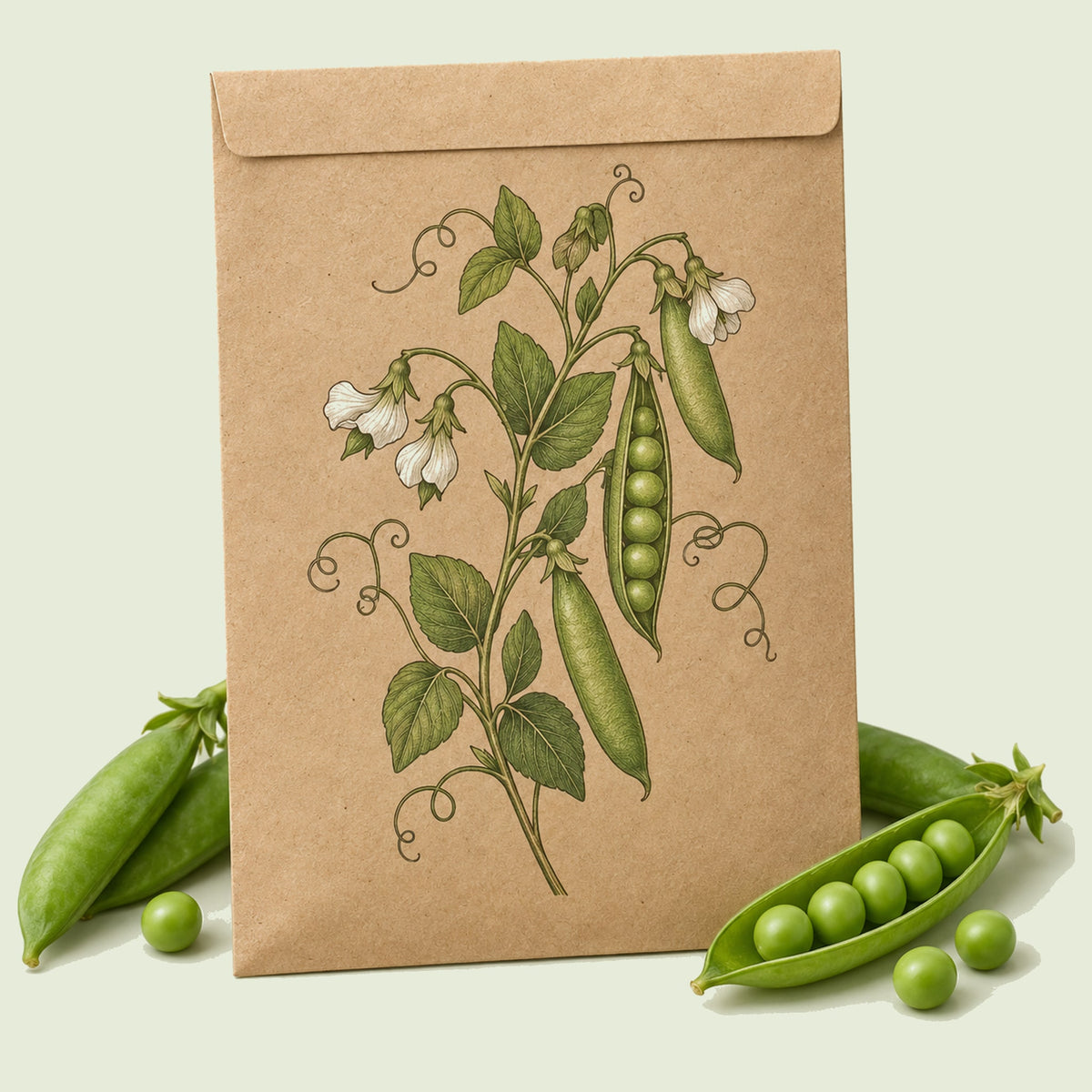 Kraft seed packet illustrated with Wando Garden Shelling Pea, with fresh Wando Garden Shelling Pea beside it