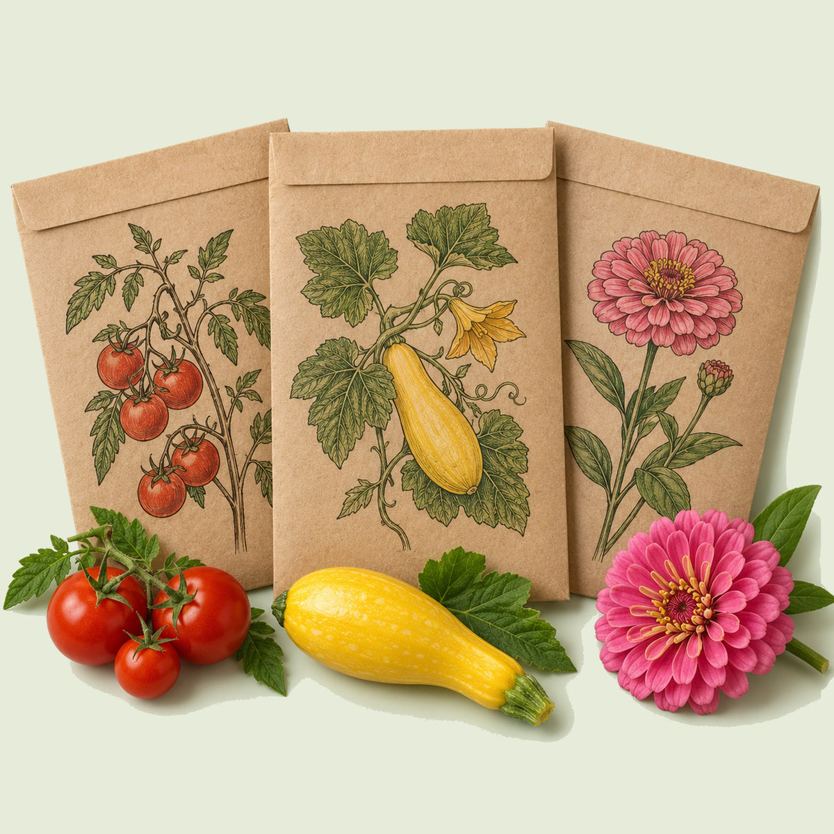 Kraft seed packet illustrated with Warm Season Garden Seed Bundle, with fresh Warm Season Garden Seed Bundle beside it
