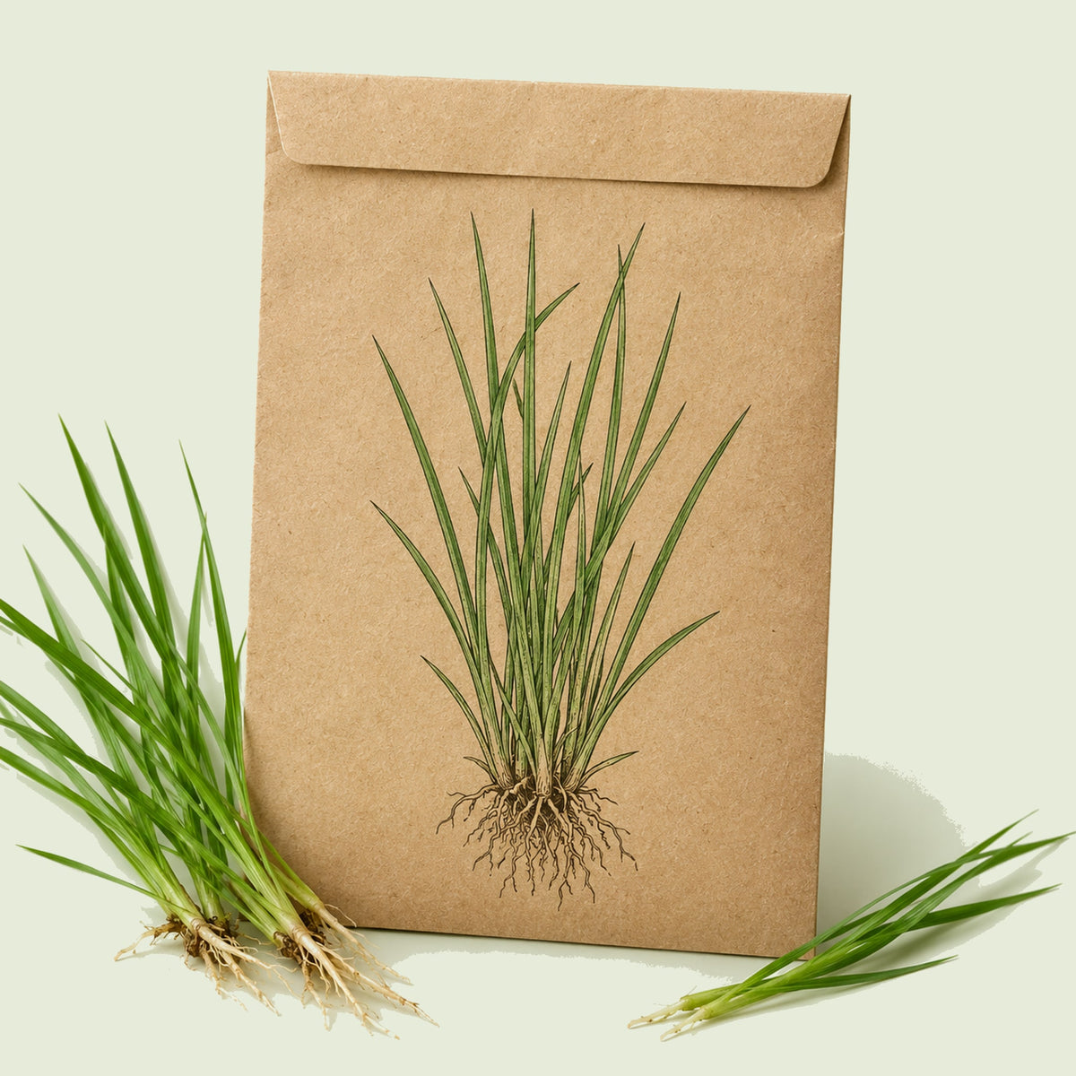 Kraft seed packet illustrated with Water Grass, with fresh Water Grass beside it