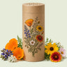 Kraft seed packet illustrated with Water Wise Flower Mix Seed Shaker, with fresh Water Wise Flower Mix Seed Shaker beside it