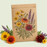 Kraft seed packet illustrated with Water Wise Flower Mix, with fresh Water Wise Flower Mix beside it