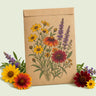 Kraft seed packet illustrated with Water Wise Flower Mix, with fresh Water Wise Flower Mix beside it