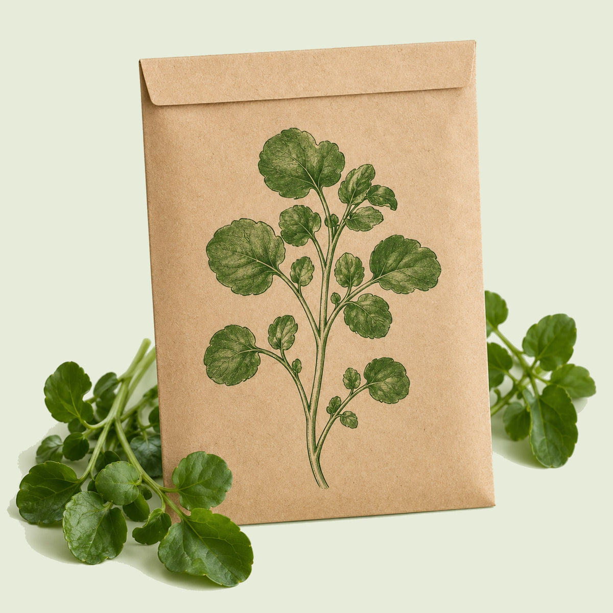 Kraft seed packet illustrated with Watercress Greens, with fresh Watercress Greens beside it