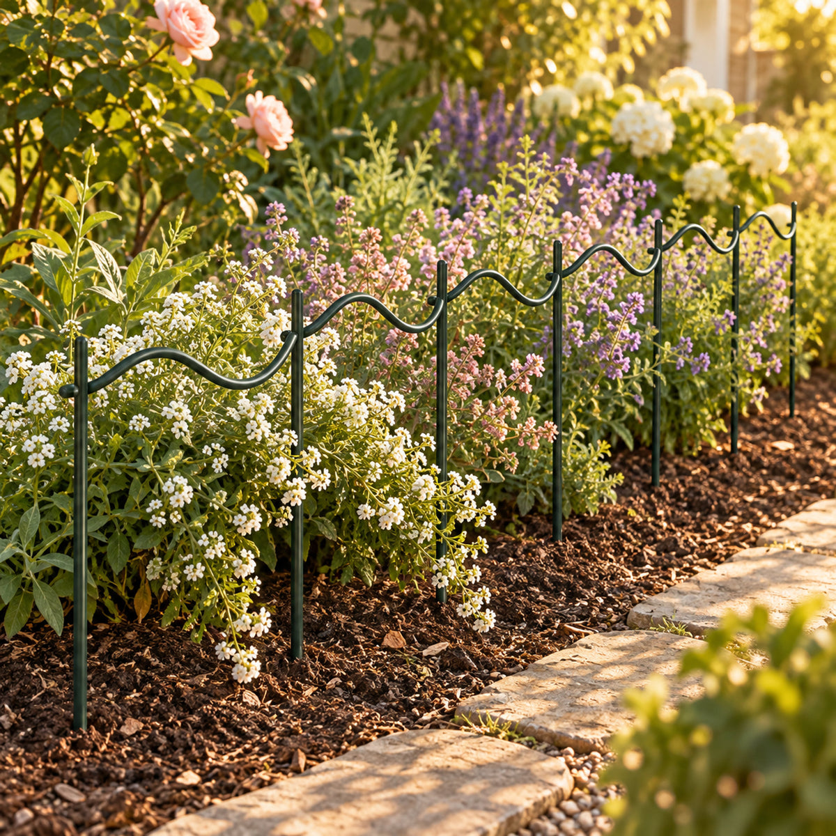 Wavy Border Plant Supports, 6 Pack in use in a home garden
