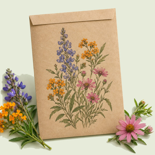 Kraft seed packet illustrated with Western Butterfly Flower Gift Set, with fresh Western Butterfly Flower Gift Set beside it