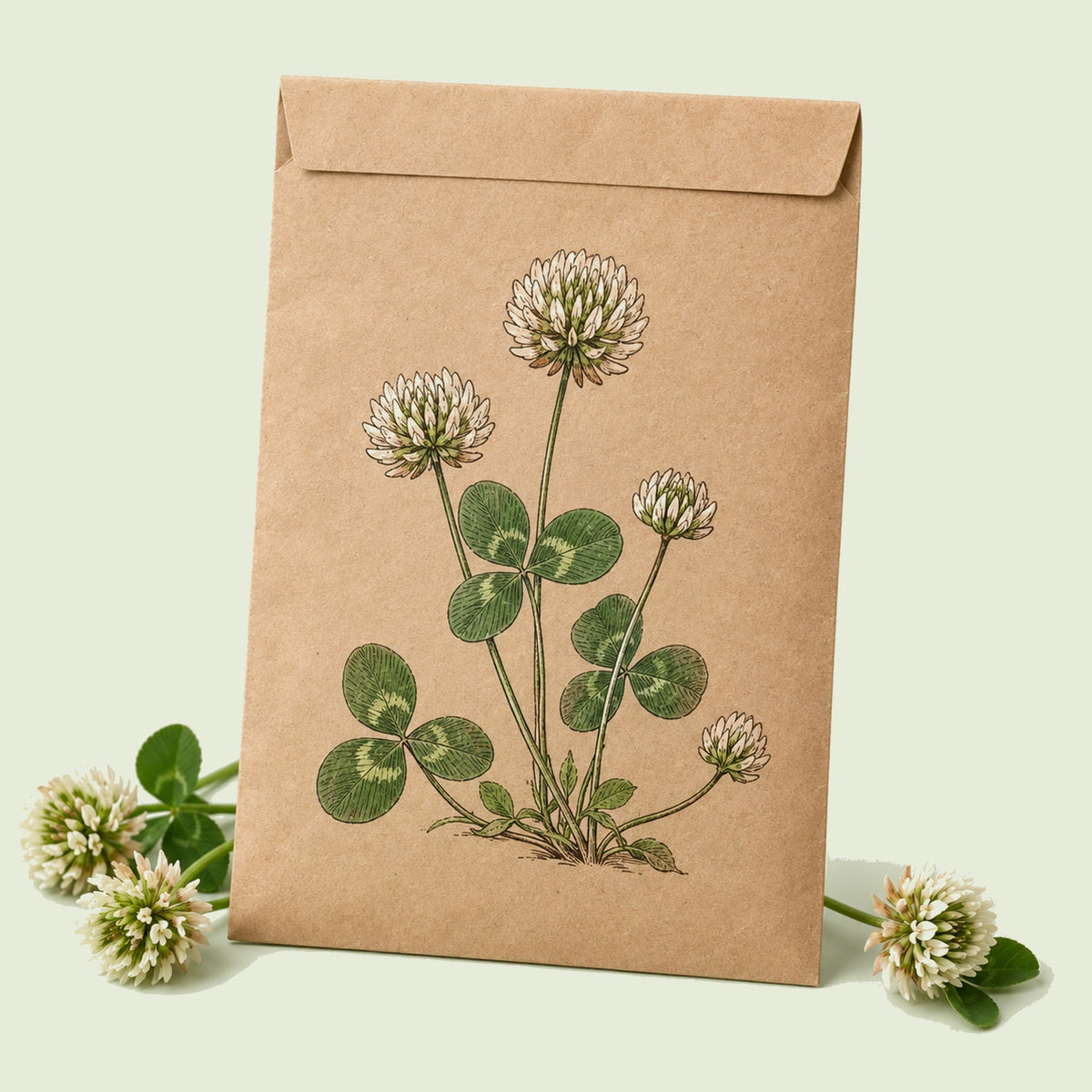 Kraft seed packet illustrated with White Clover Lawn Seed Shaker, with fresh White Clover Lawn Seed Shaker beside it