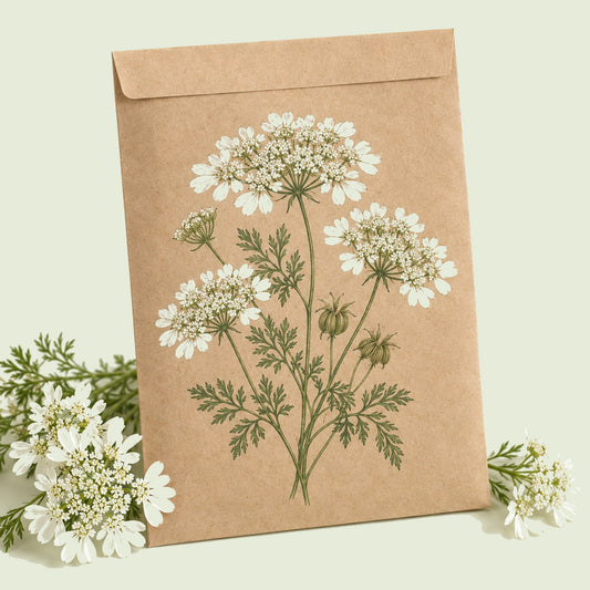 Kraft seed packet illustrated with White Finch Orlaya, with fresh White Finch Orlaya beside it