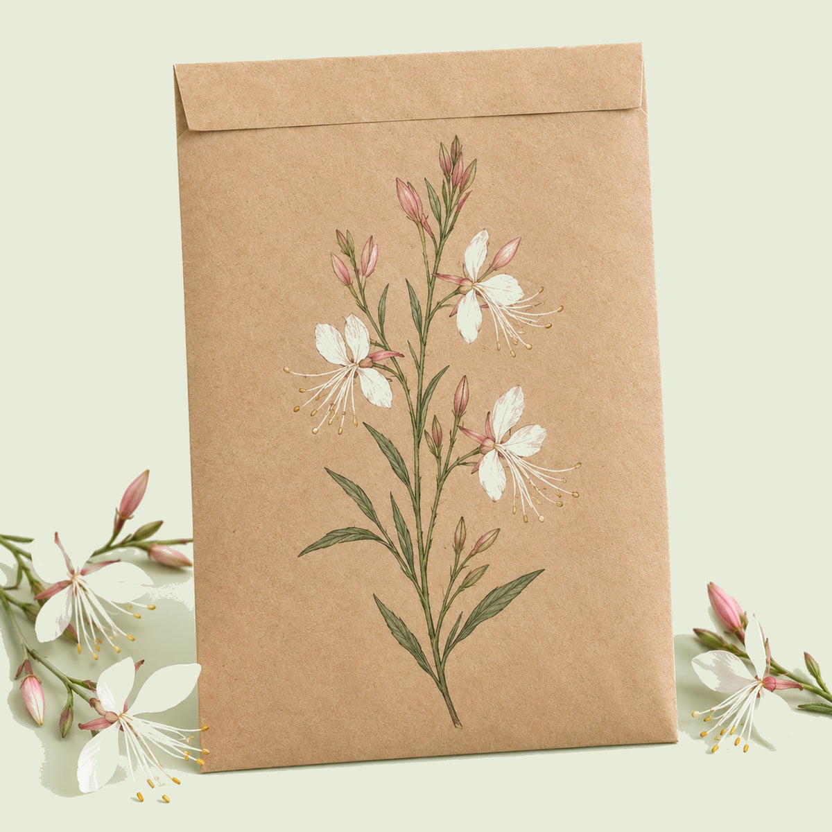 Kraft seed packet illustrated with White Gaura, with fresh White Gaura beside it