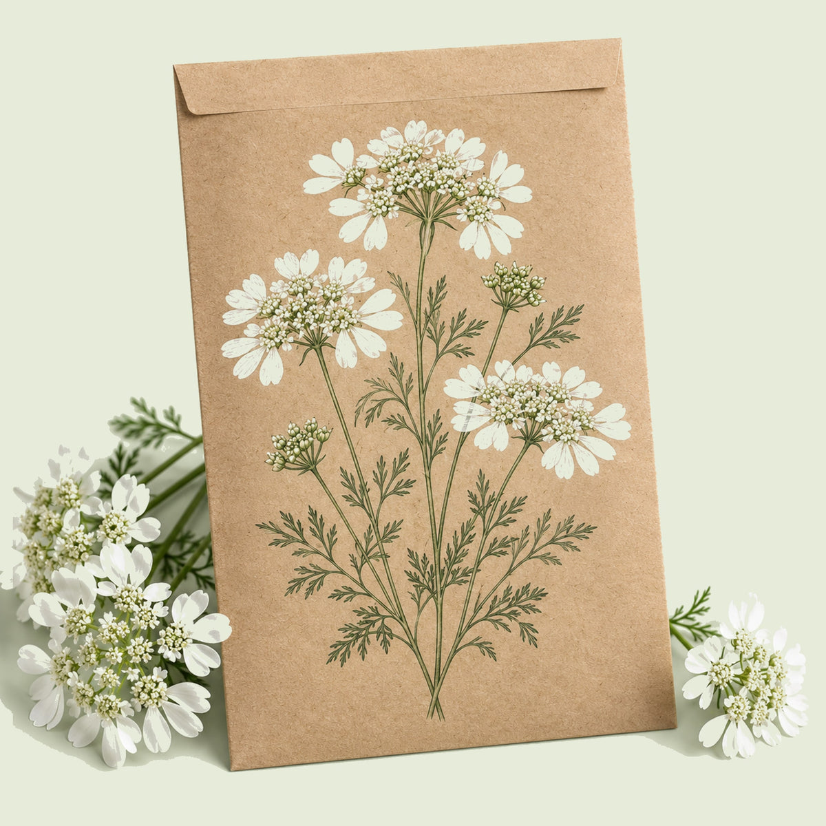 Kraft seed packet illustrated with White Lace Orlaya Flower, with fresh White Lace Orlaya Flower beside it