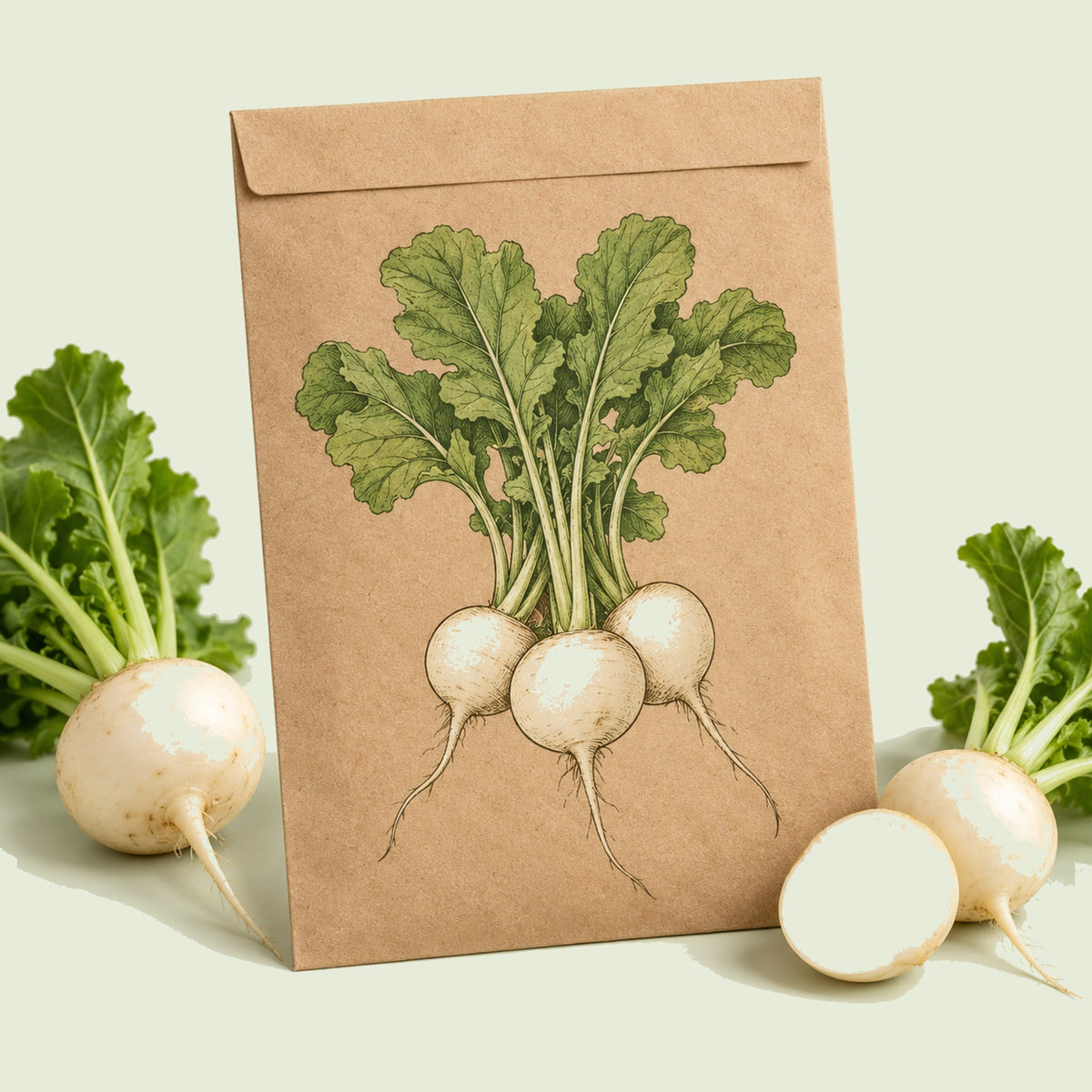 Kraft seed packet illustrated with White Lady Salad Turnip, with fresh White Lady Salad Turnip beside it