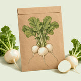 Kraft seed packet illustrated with White Lady Salad Turnip, with fresh White Lady Salad Turnip beside it