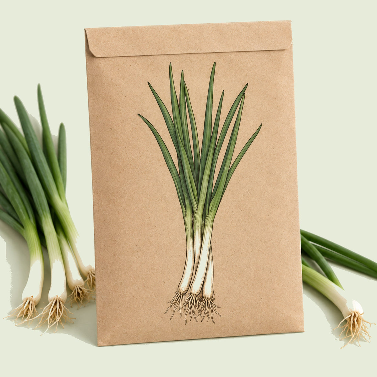 Kraft seed packet illustrated with White Lisbon Bunching Onion, with fresh White Lisbon Bunching Onion beside it