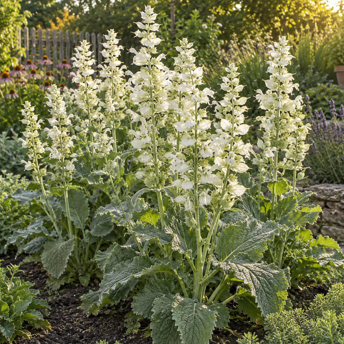 White Swan Clary Sage Seeds growing in a home garden