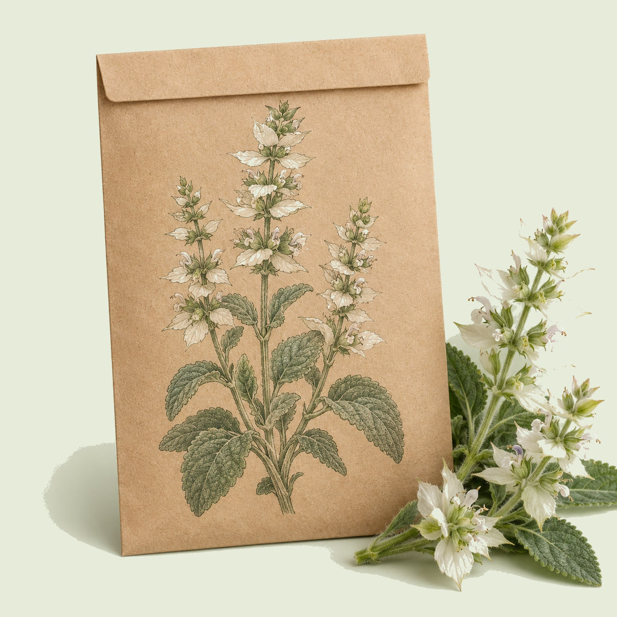 Kraft seed packet illustrated with White Swan Clary Sage, with fresh White Swan Clary Sage beside it