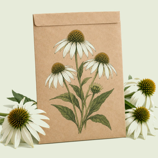 Kraft seed packet illustrated with White Swan Echinacea Flower, with fresh White Swan Echinacea Flower beside it