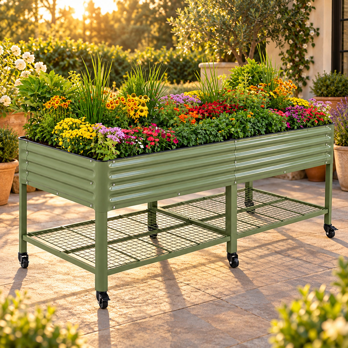 Wide Rolling Elevated Bed, 36 x 96 Inches in use in a home garden