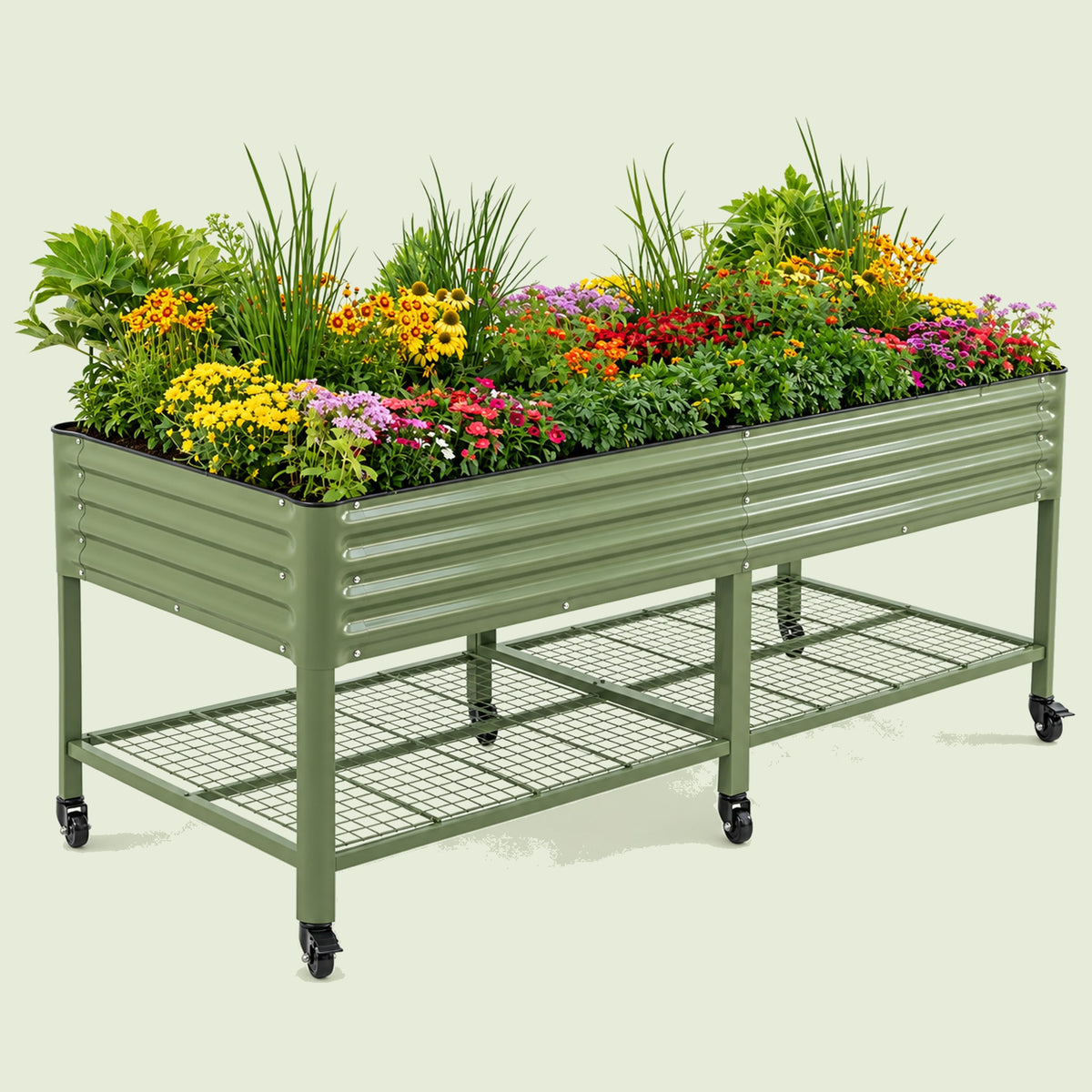 Wide Rolling Elevated Bed, 36 x 96 Inches on a soft green background