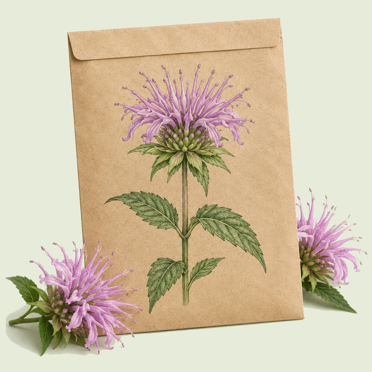 Kraft seed packet illustrated with Wild Bergamot, with fresh Wild Bergamot beside it