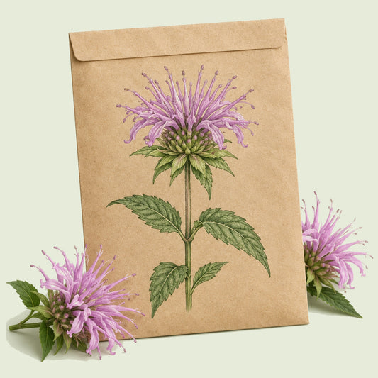 Kraft seed packet illustrated with Wild Bergamot, with fresh Wild Bergamot beside it