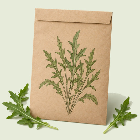 Kraft seed packet illustrated with Wild Rocket Arugula, with fresh Wild Rocket Arugula beside it