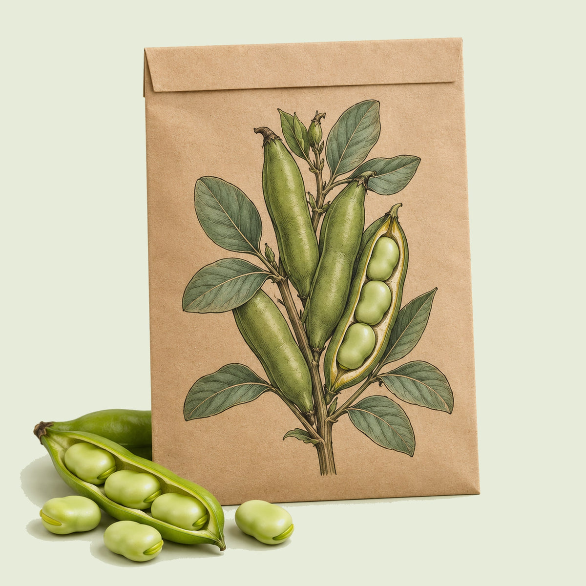 Kraft seed packet illustrated with Windsor Shelling Fava Bean, with fresh Windsor Shelling Fava Bean beside it