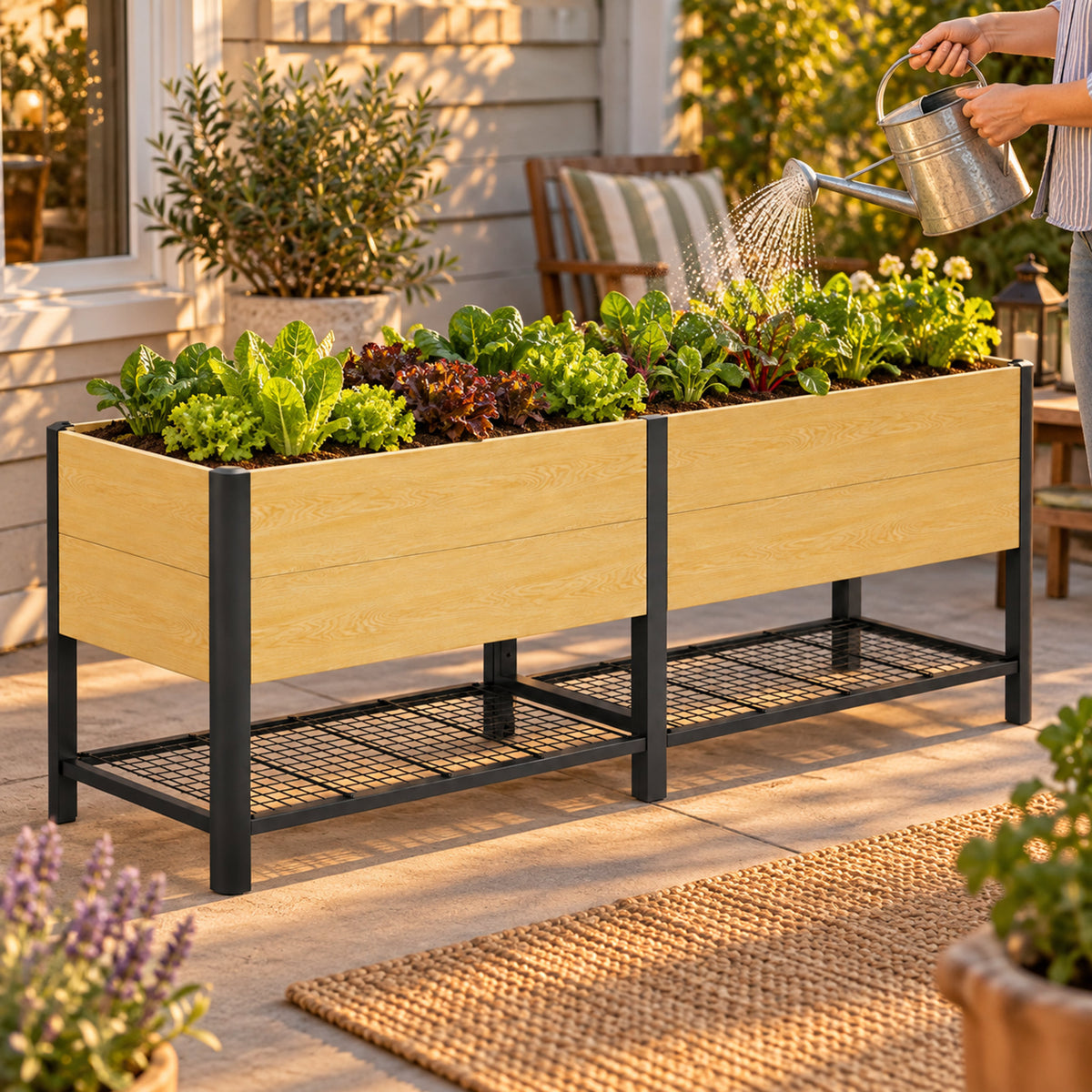 Woodgrain Elevated Bed, 24 x 96 Inches in use in a home garden