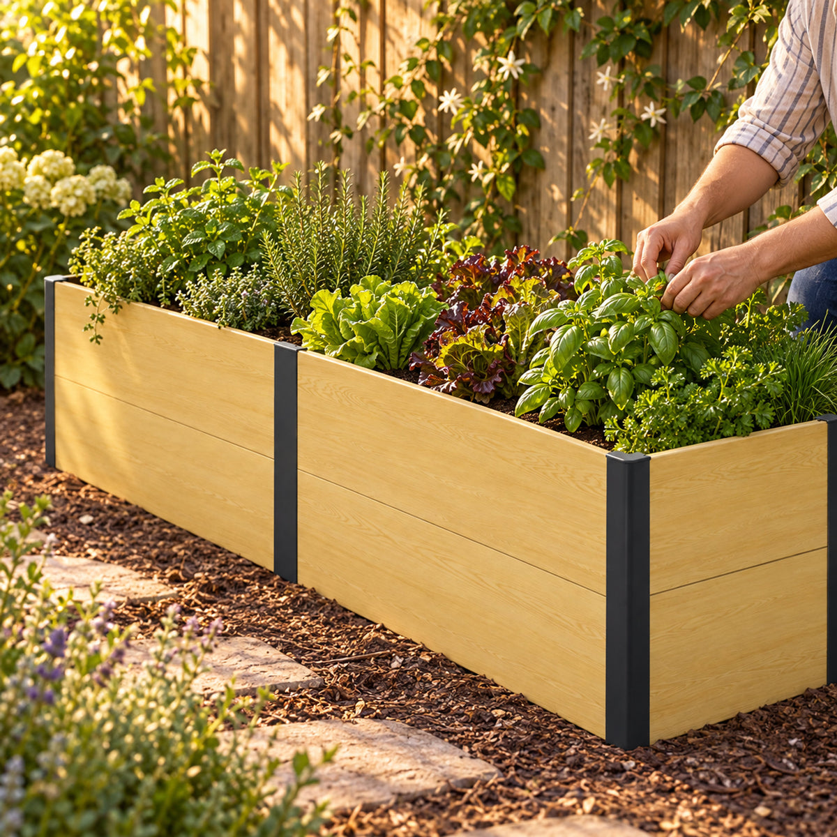 Woodgrain Raised Bed, 24 x 96 x 26 Inches in use in a home garden