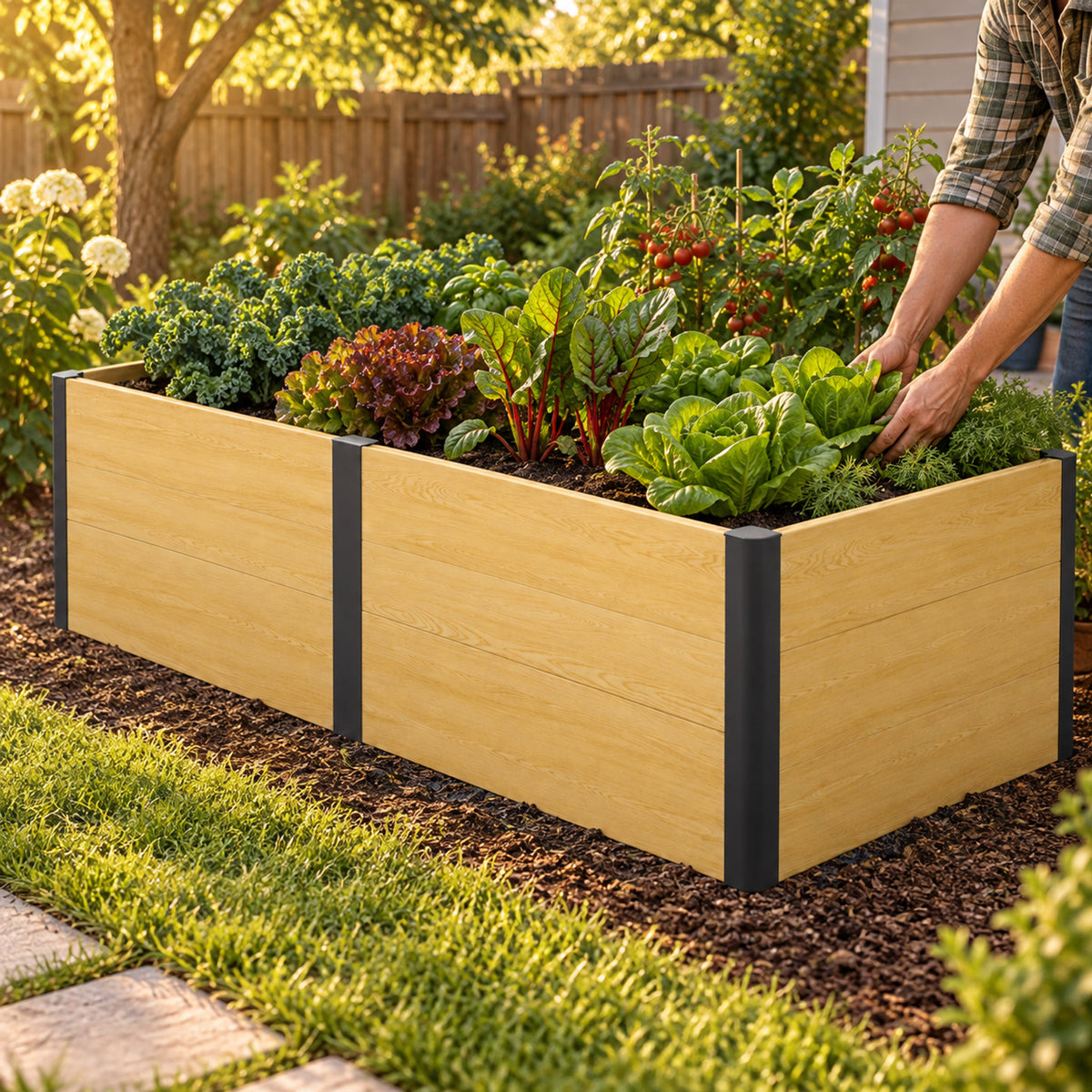 Woodgrain Raised Bed, 48 x 96 x 26 Inches in use in a home garden